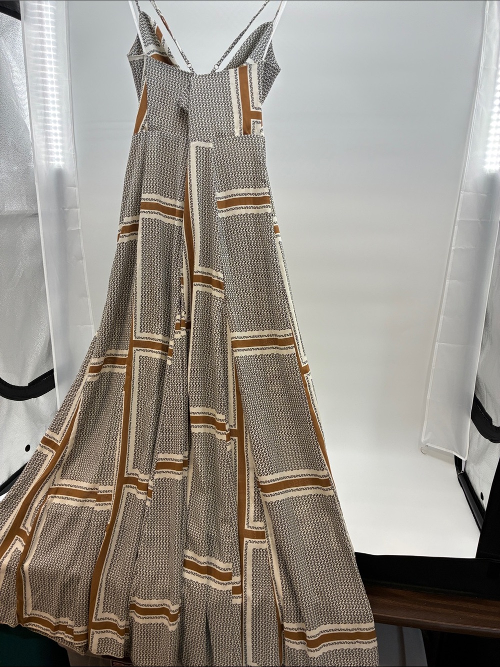 fab'rik Beige and White Geometric Maxi Dress